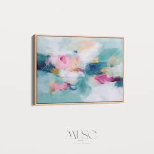 Pink and Teal Canvas Wall Art, Horizontal Floating Framed Art, Large Dreamy Bedroom Decor, Warm Minimalist Statement Painting, MUSE 497 Framed Canvas Art Colorful abstract wall art on framed canvas, perfect for bold decor art and modern wall decor. Large statement piece with expressive brushstrokes and rich textures. Ready-to-hang giclée canvas designed to energize living rooms, offices, bedrooms and curated interiors. Muse Studio Decor Art.