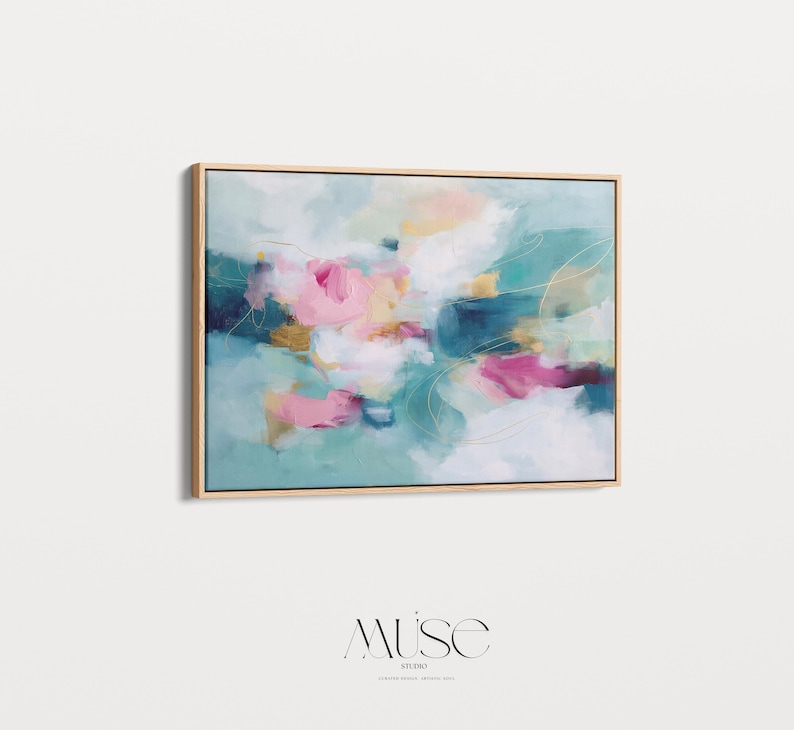 Pink and Teal Canvas Wall Art, Horizontal Floating Framed Art, Large Dreamy Bedroom Decor, Warm Minimalist Statement Painting, MUSE 497 Framed Canvas Art Colorful abstract wall art on framed canvas, perfect for bold decor art and modern wall decor. Large statement piece with expressive brushstrokes and rich textures. Ready-to-hang giclée canvas designed to energize living rooms, offices, bedrooms and curated interiors. Muse Studio Decor Art.