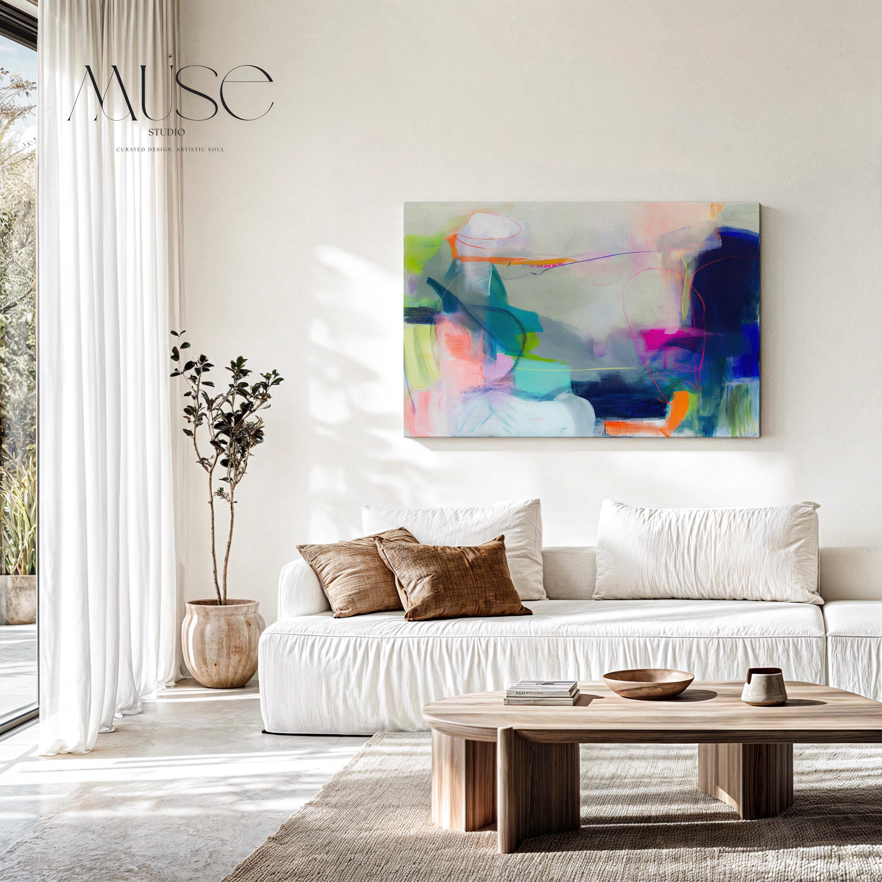 Impresión de pintura abstracta divertida, vívida y colorida, arte de pared abstracto azul brillante y multicolor vibrante, decoración de pared ecléctica / Aurora Muse 253