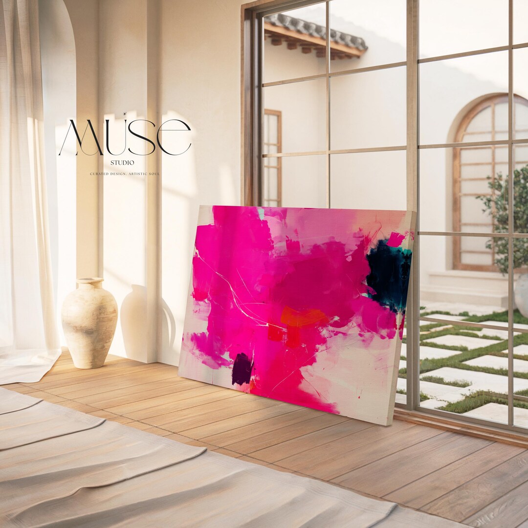 Oversized Canvas Wall Art Bold Abstract Painting Hot Pink and Navy ...