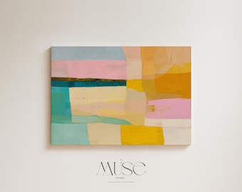 Retro Citrus Abstract Canvas Wall Art Giclée Print • Geometric Pink Yellow Blue Painting • XL Horizontal Art for Kitchen or Entry • MUSE 201