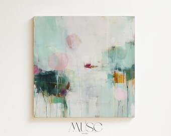 May include: Abstract art print with a soft color palette. The artwork features a square canvas with a blend of mint green, white, pink, and dark green brushstrokes. The word "MUSE" is printed at the bottom.