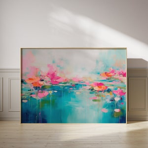 Floral Wall Art, Pink Teal Wall Art, Abstract art Print, Large Horizontal Canvas Art, Teal Art, Modern Preppy Decor | Aurora Muse 001