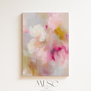 Pink Floral Abstract Canvas Art: Soft Peony & Chartreuse Vertical Print