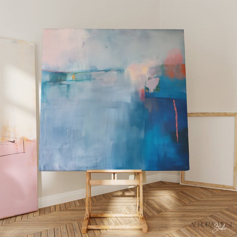 Blue Abstract Painting Large Square Canvas Print, Modern Framed Wall