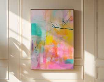 Colorful Abstract Wall Art Vertical Canvas Painting Pink Orange Yellow Teal Modern Giclee Print Large Bright Artwork for Home Decor 004