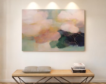 Rosa & marineblaue botanische Leinwand, moderne Blumenwandkunst im Bauernhausstil, große abstrakte Blumenmalerei, Cottage inspiriertes Dekor, Verde Blütenblatt Nr. 1090