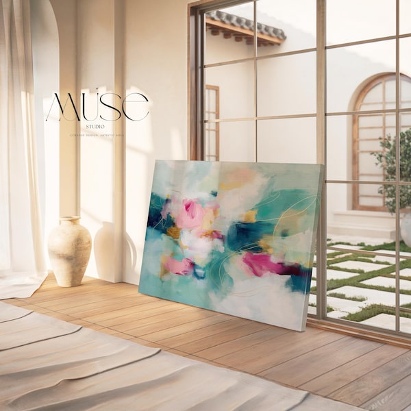 Pink and Teal Canvas Wall Art, Horizontal Abstract Painting, Oversized Dreamy Bedroom Decor, Warm Minimalist Statement Artwork, MUSE 497