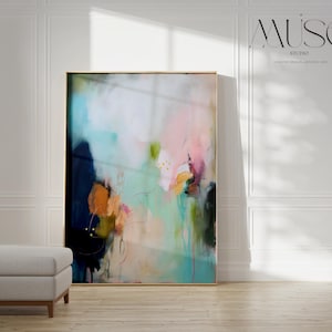 Aqua Reverie · Navy & Aqua Abstract Wall Art · Soft Contemporary Vertical Style · by Muse Studio 428