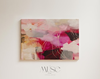 Cuadro decorativo horizontal de lienzo con estampado floral rosa y rojo • Pintura abstracta botánica de ambiente melancólico para dormitorio u oficina • MUSE 514