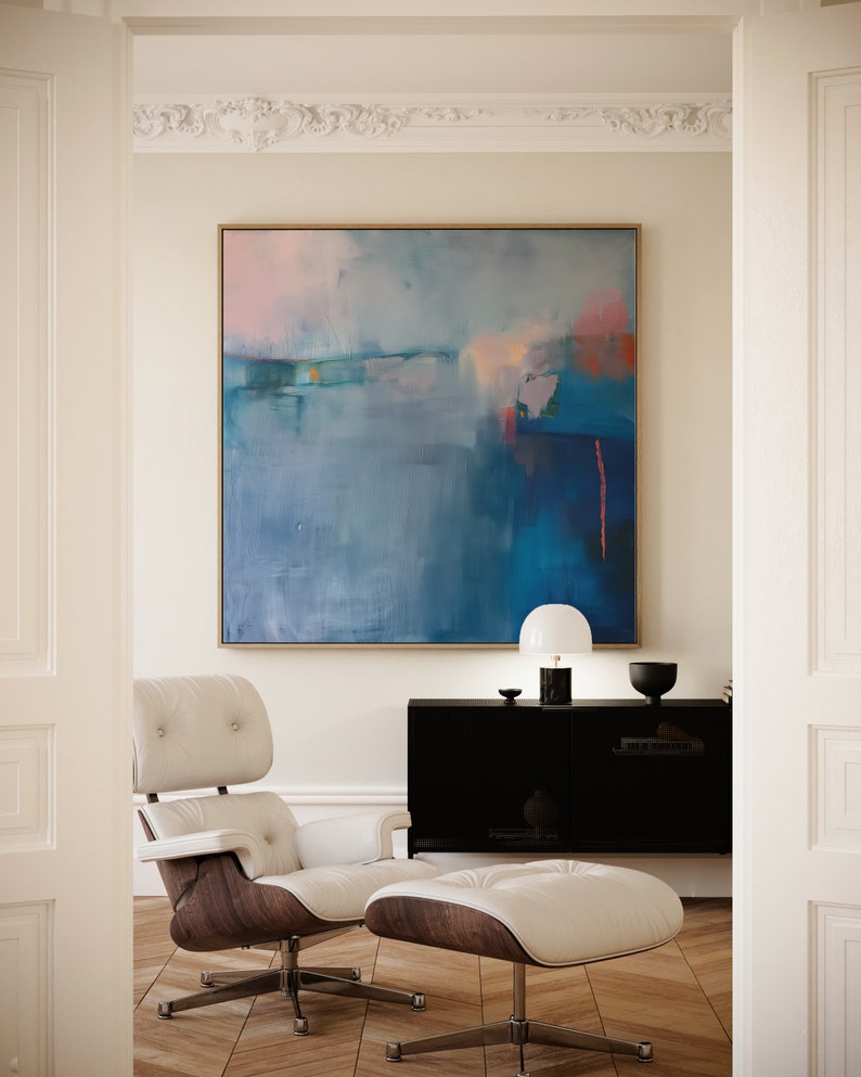 Blue Abstract Painting Large Square Canvas Print, Modern Framed Wall