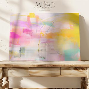 Bold Boho Pastel Abstract Canvas Wall Art in Yellow Pink and Aqua Dopamine Decor Horizontal Large Art for Living Room or Bedroom Office 002