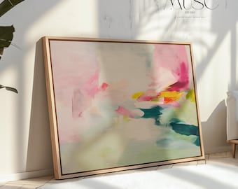 Soft Abstract Framed Canvas Art Pink Teal Pastel Painting Modern Decor Wall Art for Bedroom or Living Room Large Statement Artwork 491