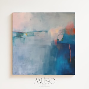 Moody Blue Framed Wall Art Square Canvas Abstract Modern Painting for Office or Living Room Decor Elegant Dark Coastal Art – Aurora 265