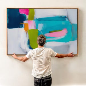 カラーポップ抽象キャンバスウォールアートピンクティールブルーペインティング大きな横長モダンアートリビングルームまたはオフィスの装飾大胆なスタイル479