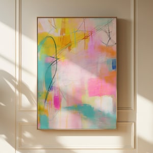 Large art print, colorful abstract painting, Large Abstract art print with teal pink and yellow, colorful home decor wall art gift | 003