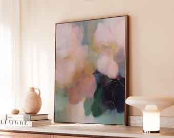 "Gerahmte botanische Wandkunst, rosa und salbeifarbene abstrakte Leinwand, romantischer Naturdruck, ""Celeste Flora"" Nr. 1085."