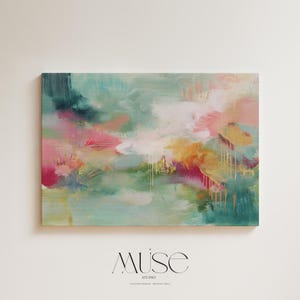 Colorful Abstract Wall Art in Blush and Green, Canvas Giclée Print, Bold Transitional Painting, Horizontal Large Living Room Decor 275a