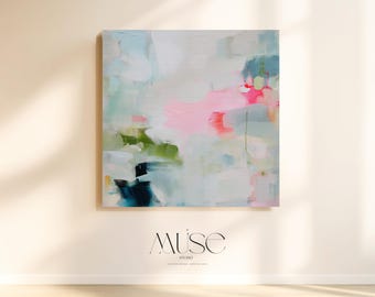 Seerosen Gartenbild Abstrakte Leinwand, Sanfte Pastell Gelassene Teich Malerei, Blau Grüne Blumen Wand Kunst, Friedliche Natur Druck Wiesennebel Nr. 373