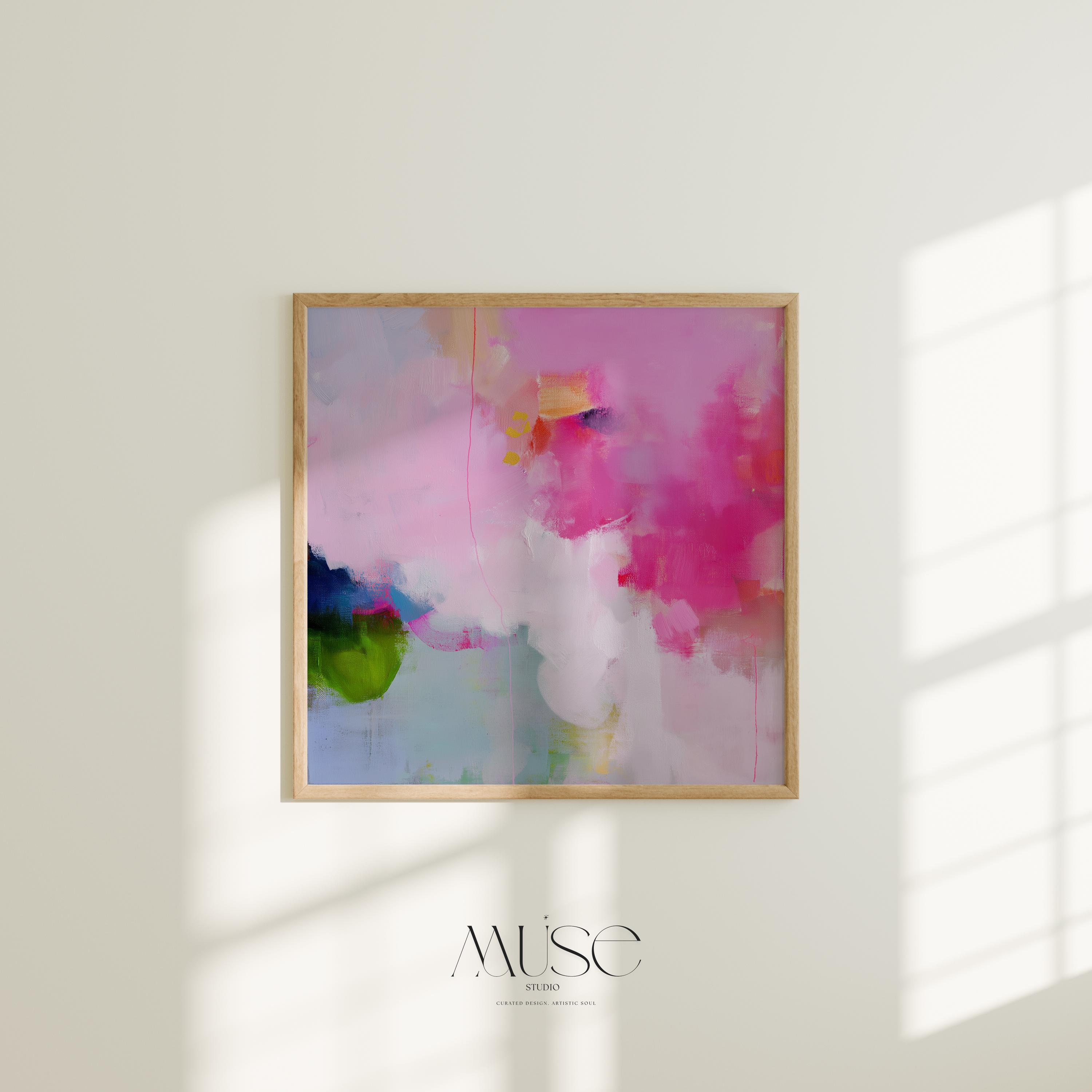 Abstrakte Kunst Poster in Pink und Grün, Boho Wandbild für Preppy Pop Kinderzimmer oder Wohnheim, buntes quadratisches Dopamin Wohndekor 424