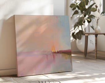 Large Soft Pink Horizon Canvas, Ocean Sunset Abstract Wall Art, Warm Minimalist Coastal Decor 461