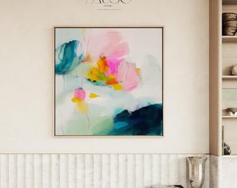 Vertikale gerahmte Leinwand Wandkunst · Rosa Teal Mohnblumenfelddekor · Muse Studio & Co. Mohnfelder Nr. 454