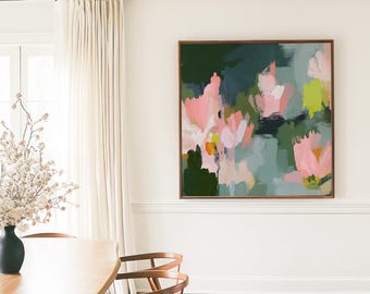 Abstrakte Leinwand Kunst, rosa, grün, botanische Kunst für Büro oder Schlafzimmer · Blütenhain Nr. 1039
