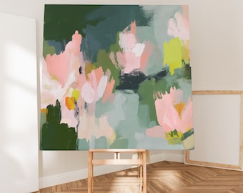 Abstraktes botanisches Leinwandbild im Landhausstil, Wohnzimmer- und Schlafzimmerdekoration in Rosa und Grün, Blossom Grove Nr. 1039