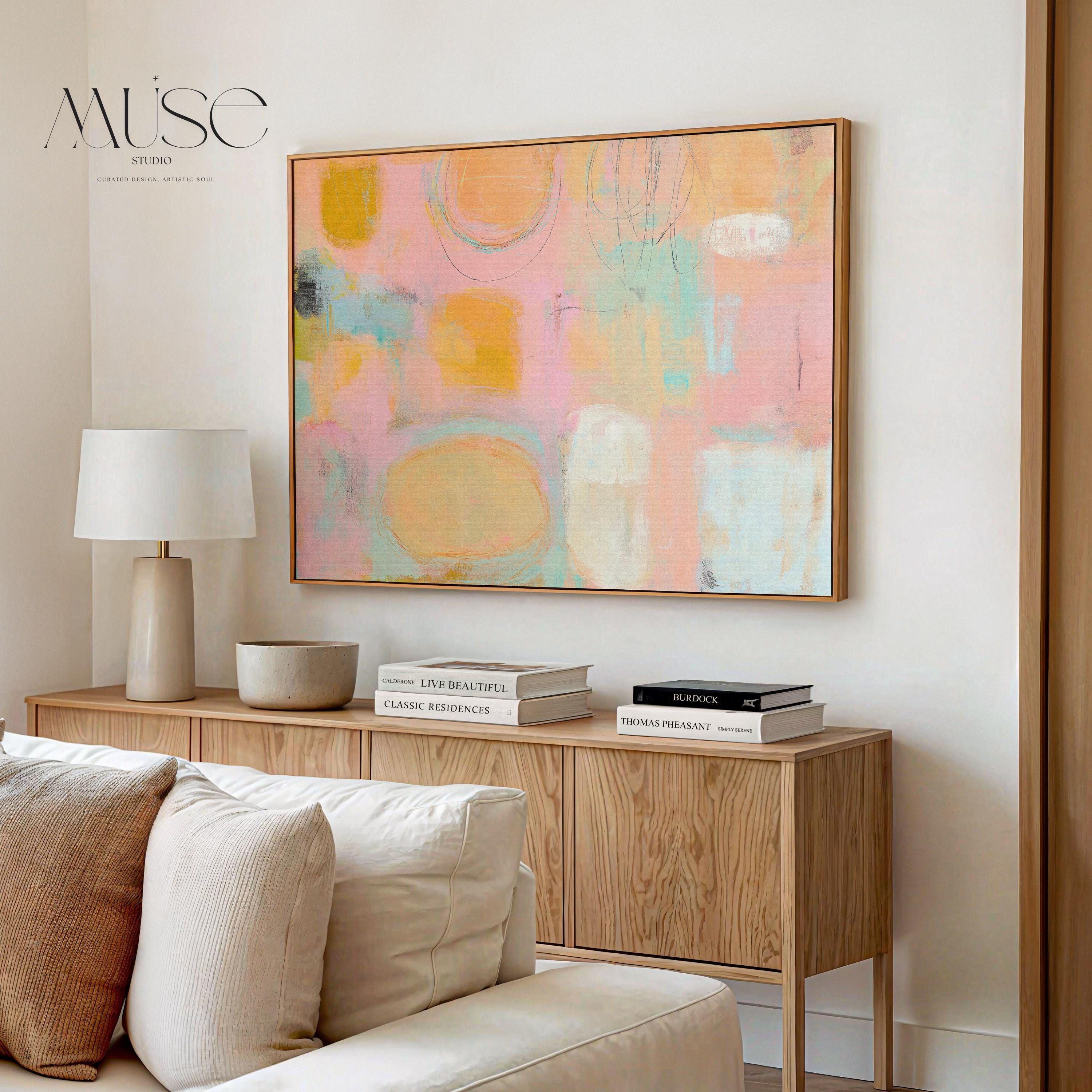 Framed Canvas Wall Art Abstract Painting in Peach Blush Aqua Large