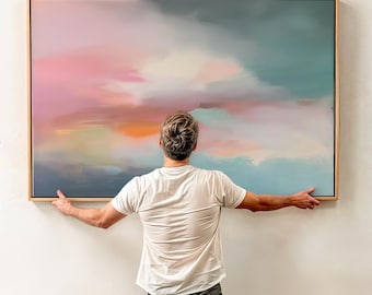 Above Bed Soft Sky Wall Art Pink Teal Abstract Painting Framed Canvas Horizontal Pastel Landscape for Bedroom Living Room Serene Decor 470