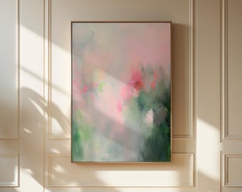 May include: Abstract painting with a soft, dreamy feel. The painting features a blend of pink, green, and white colors, creating a hazy and ethereal atmosphere.