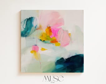 May include: Abstract art print featuring a vibrant composition of brushstrokes in shades of pink, teal, yellow, and orange. The artwork has a soft, airy feel, with a white background and a touch of red. The word "MUSE" is at the bottom.