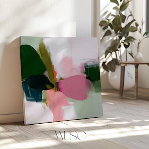 Bold Abstract Wall Art Olive Green Blush Rose Pink Canvas Print Square Framed Colorful Art for Living Room Decor or Office | 430