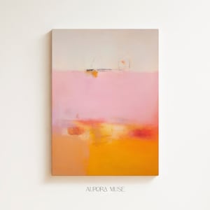 May include: Abstract painting featuring a pink, orange and yellow colour scheme. The painting is divided into three sections, with the top section being a light pink, the middle section being a light orange, and the bottom section being a bright yellow.