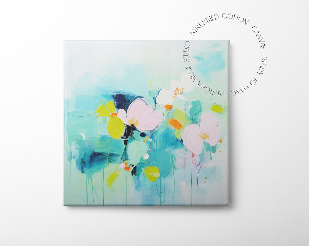 Colorful Modern Wall Art Bright Colorful Art Prints Teal and Pink Flower Canvas Art Large