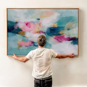 Pink and Teal Canvas Wall Art, Horizontal Floating Framed Art, Large Dreamy Bedroom Decor, Warm Minimalist Statement Painting, MUSE 497 Framed Canvas Art Colorful abstract wall art on framed canvas, perfect for bold decor art and modern wall decor. Large statement piece with expressive brushstrokes and rich textures. Ready-to-hang giclée canvas designed to energize living rooms, offices, bedrooms and curated interiors. Muse Studio Decor Art.
