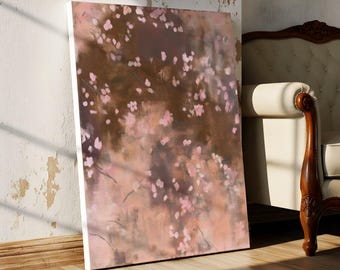 Abstract Pink Blossom Stretched Canvas | Earthy Minimalist Moody Floral Wall Art — Dawn Nocturne No. 1123