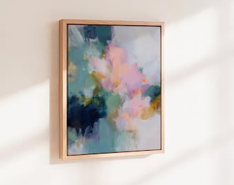 "Gerahmte abstrakte Wandkunst in Pastellrosa / Türkis / Blautönen - Bild für Schlafzimmer oder Wohnzimmer - Muse Studio ""Nebelgarten"" 1062."
