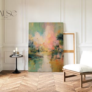 Abstract Canvas Wall Art in Pink and Green Vertical Boho Cloudscape Painting for Bedroom or Living Room Soft Statement Decor for Homes 311