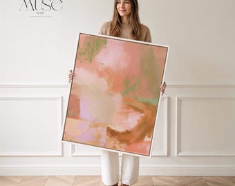 Abstract Canvas Print, Soft Minimalist Pink and Green Wall Art, Warm Meadow Decor - Gilded Meadow No. 1128