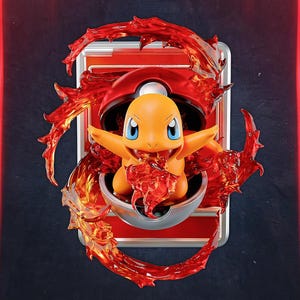 May include: A three-dimensional figure of an orange creature with blue eyes emerging from a red and white spherical container. The figure is surrounded by translucent red flame-like elements, all set against a rectangular red and silver card background.