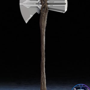May include: A double-headed battle axe featuring a metallic silver head with geometric detailing and a textured, dark brown wooden handle that appears to be wrapped around the base of the axe head. The design includes intricate engravings.