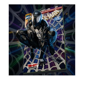May include: A comic book cover featuring a black-suited Spider-Man crouching in a web. The title reads Spider-Man, with text stating New Collector's Item Issue, The Legend of the Black Knight, and Sub-City Part One of Two in red and blue lettering.