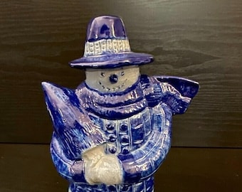 Eldreth Pottery gray & cobalt Blue, Salt Glazed Snowman holding tree. Rare