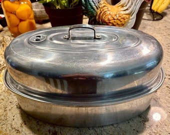 Mirro 878M Vintage Oval Aluminum Roasting Pan with Lift Out Rack 18”x12”x8"