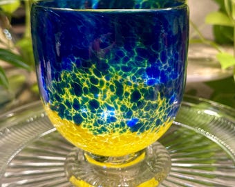 Vintage Hand Blown Art Glass Goblet Vase BAGI Studio Glass Cobalt Blue Yellow Layered Glass Footed Vessel Signed
