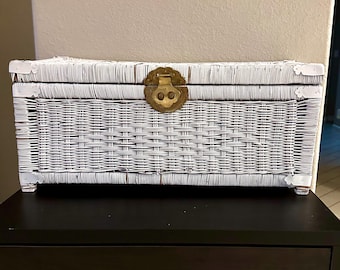 White Rattan Wicker Chest W/ Etched Brass Chinoiserie Hardware. Vintage, boho. Shabby Chic perfection.