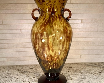 Large 15” Tortoise Shell Blown Glass Vase Amphora Double Handle Amber Art Glass Vintage Decor