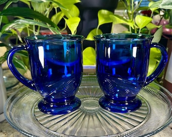 Vintage Anchor Hocking Cobalt Blue Cafe Glass Mugs Pair, Anchor H USA, Footed Pedestal Coffee Cups, Starbucks Style, Heavy Glass Drinkware
