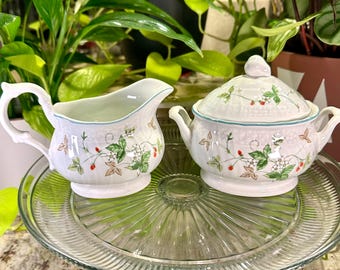 Mikasa Strawberry Fair Creamer Sugar Set Antique Green Japan Vintage Mikasa Cream Sugar Bowl Lid Cottagecore China Set